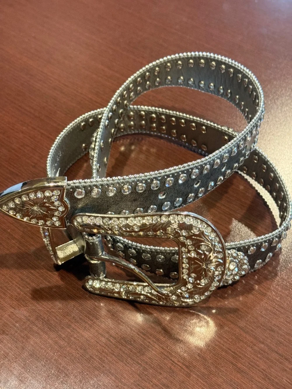 Silver Crystal Rhinestone -Embellished Western Buckle Women's Belt M